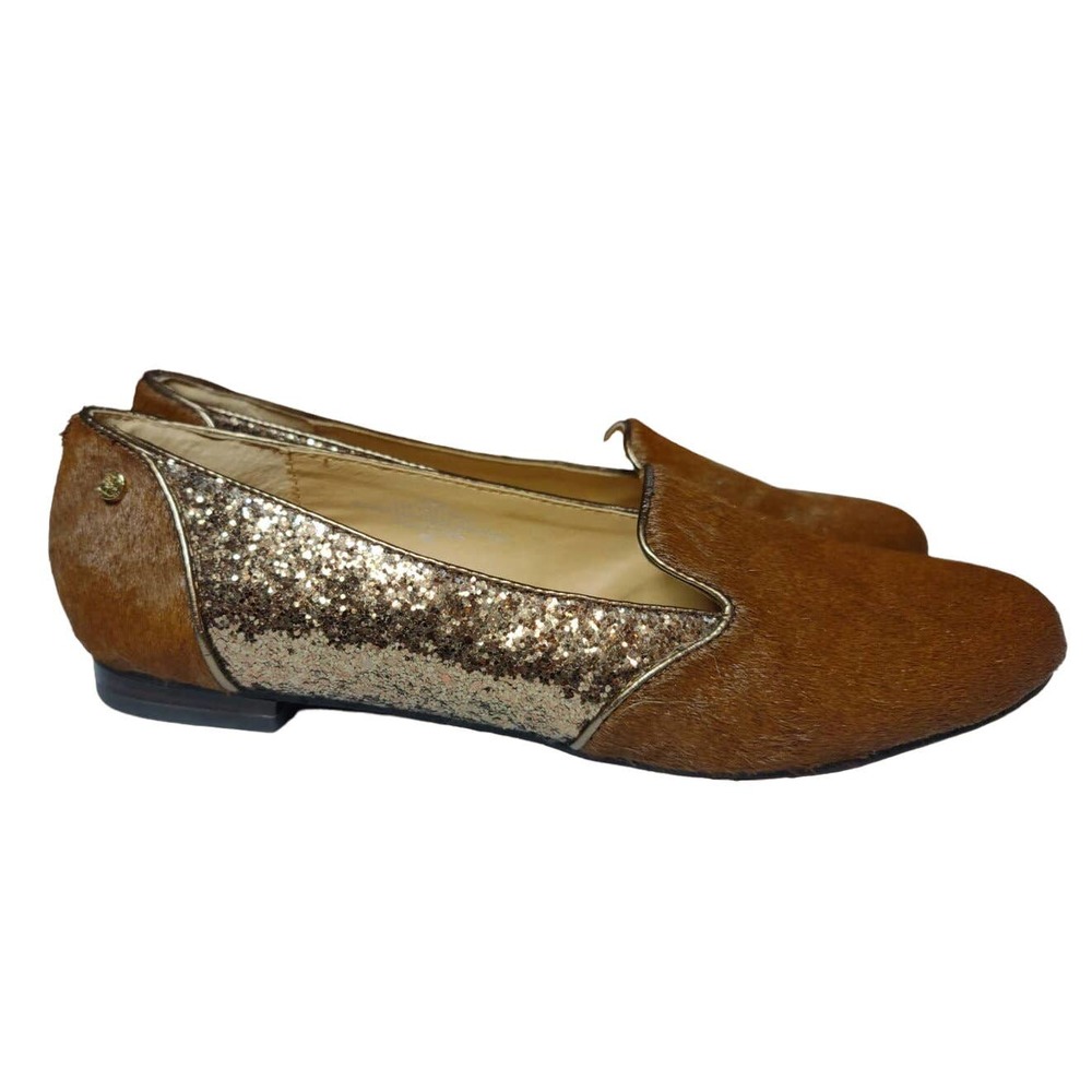 Iman brown calf hair & gold glitter loafers size 9